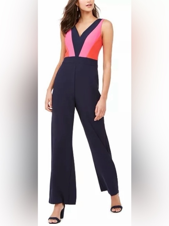 Vince Camuto Pants - Vince Camuto Navy Wide-Leg Jumpsuit with Pink Colorblock Bodice